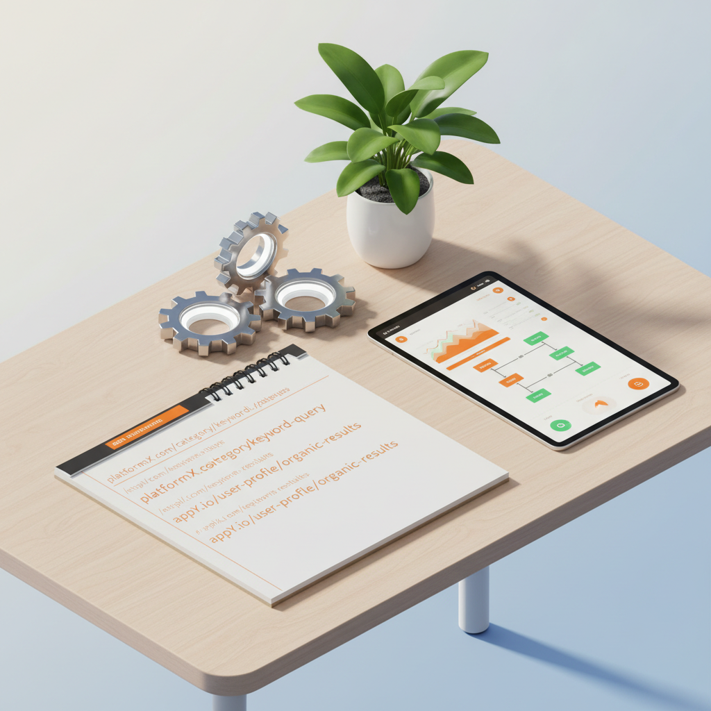 Bright workspace with wooden desk, SEO elements, plant, gears, and digital dashboard in soft lighting.