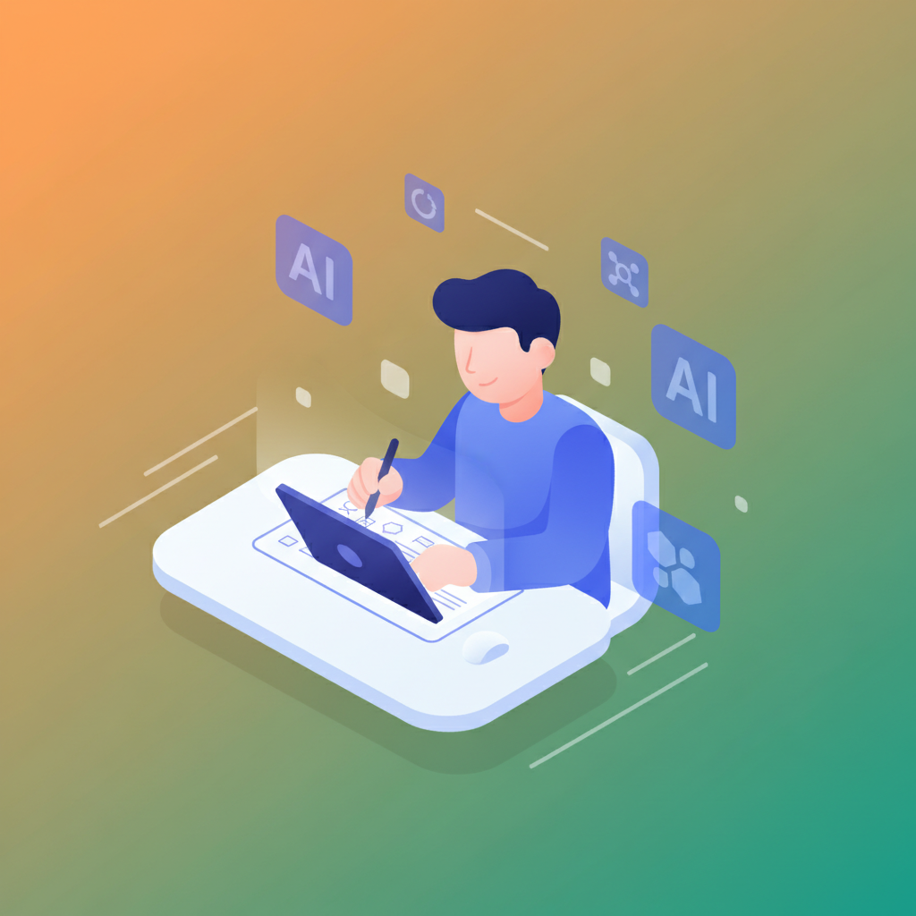 Confident person sketching strategy notes amid AI icons in a bright, modern workspace.