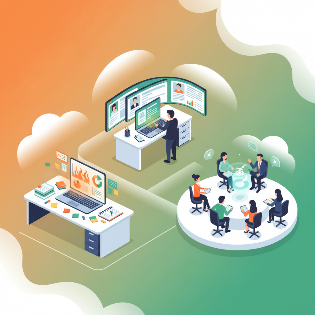 Flat illustration of connected workspaces with teams collaborating and analyzing data.