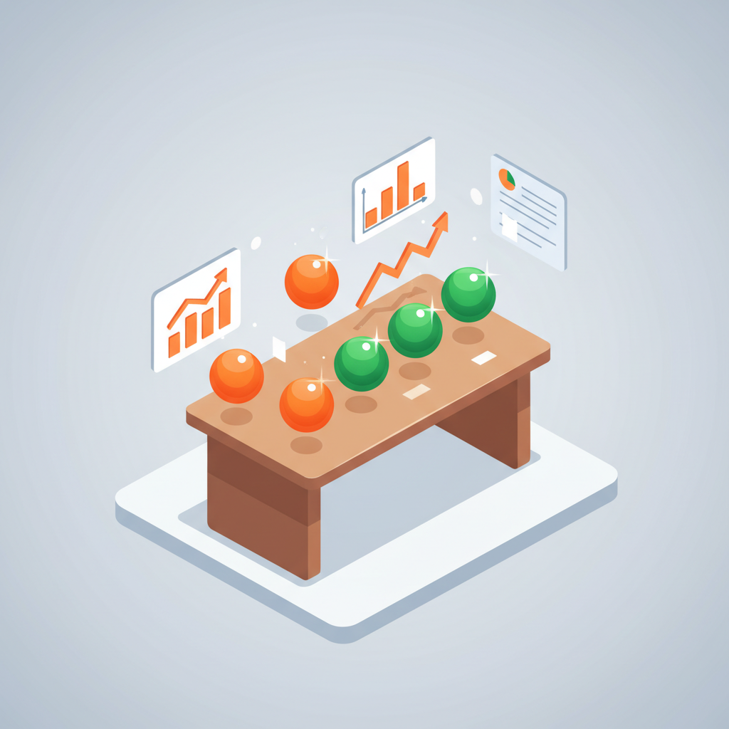 Flat-vector illustration of a workspace with glowing orbs, digital charts, and upward graphs.