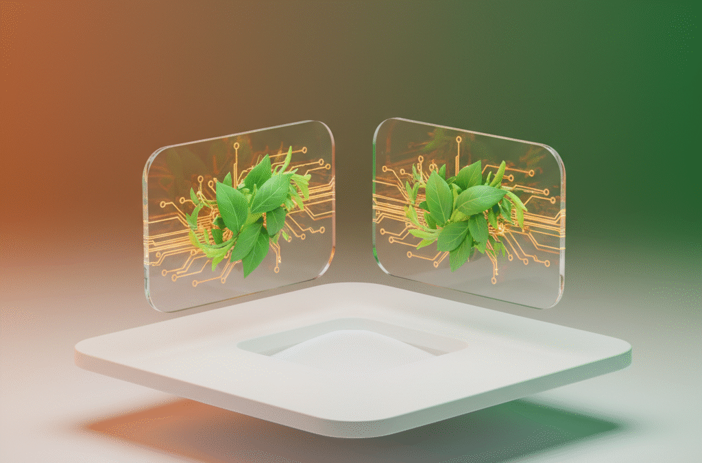 Futuristic workspace with floating digital interfaces, green leaves, orange circuitry, and vibrant gradient background.