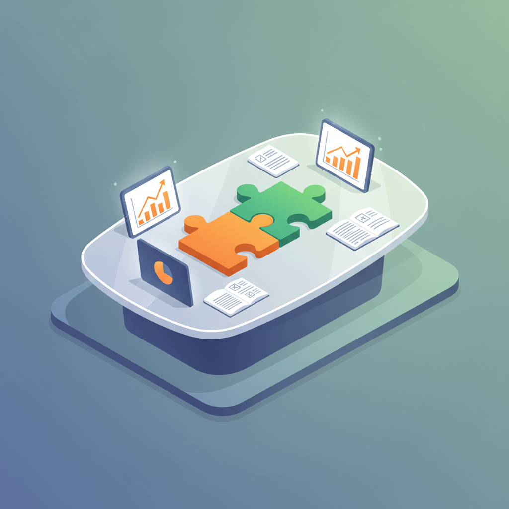 Isometric illustration of puzzle pieces, notebooks, and charts symbolizing collaboration and growth.