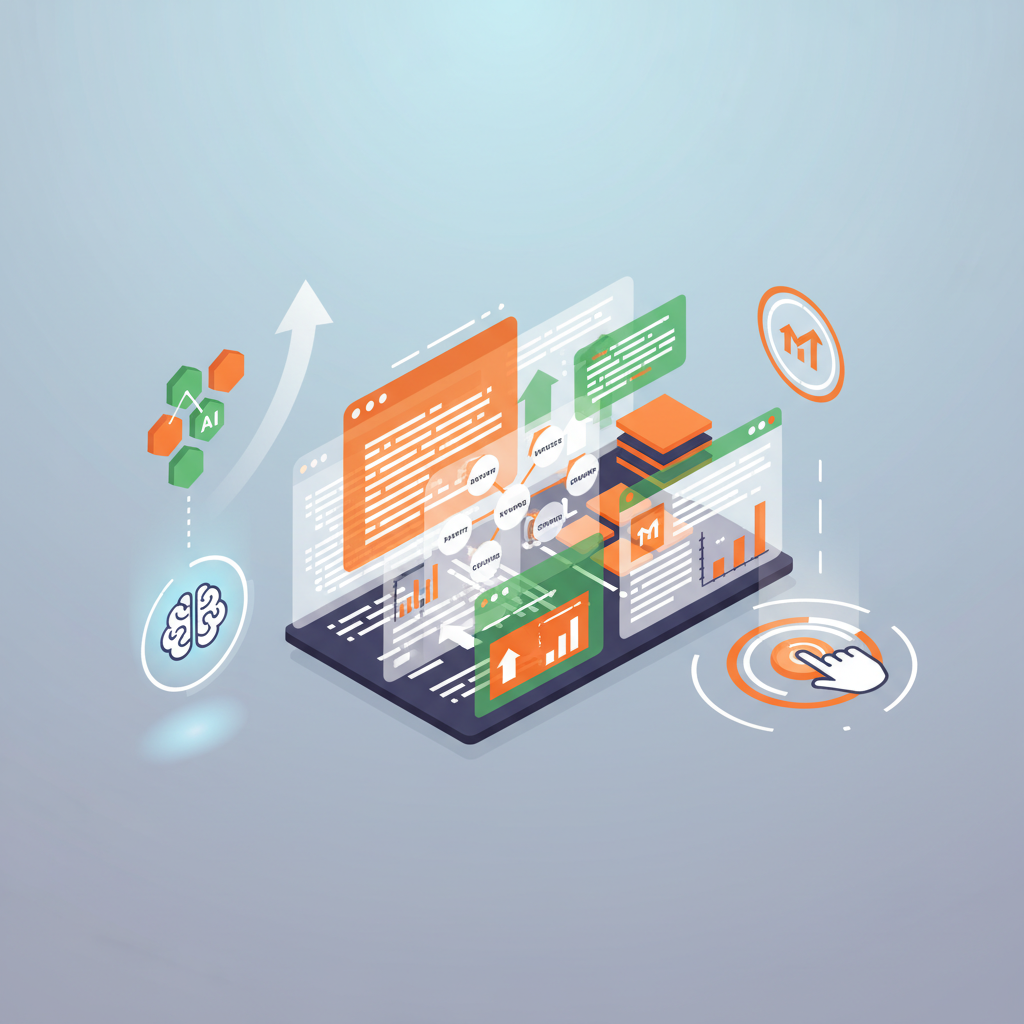 Modern digital dashboard with code, keyword maps, and content blocks in vibrant orange and green hues.