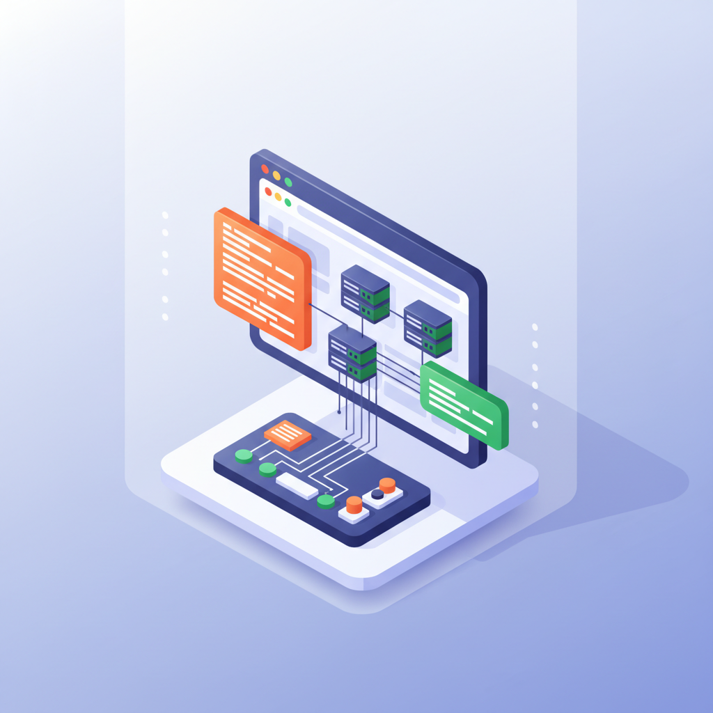 Modern digital dashboard with site architecture, server nodes, and data flows in vibrant orange and green.