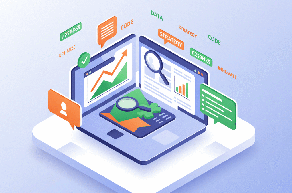 Modern digital dashboard with upward graphs, magnifying glass, keywords, and code snippets in vibrant workspace.