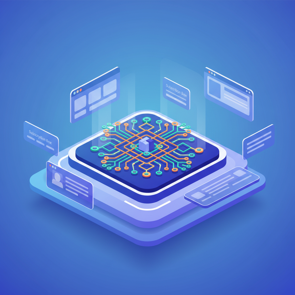 Modern digital workspace with interconnected circuits and floating ecommerce platforms in bright, soft lighting.