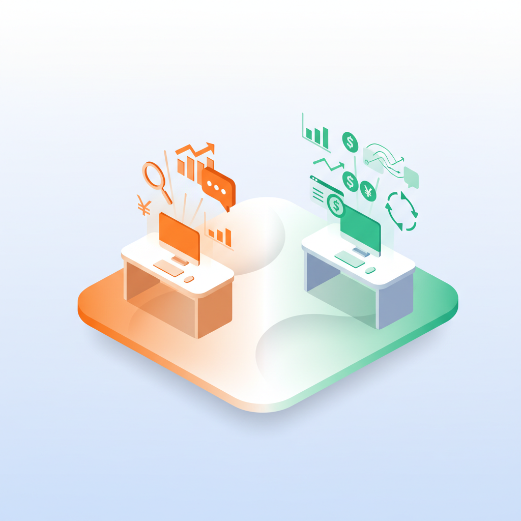 Modern flat-vector scene with two colorful workstations showing engagement icons and financial charts.