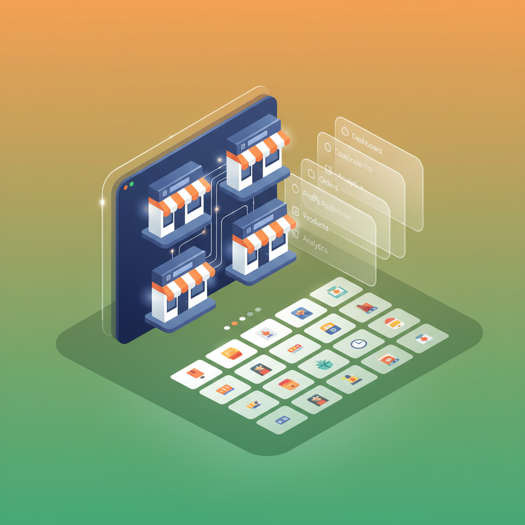 Modern layered digital storefront blueprint, navigation menus, and catalog grid with vibrant gradient background.