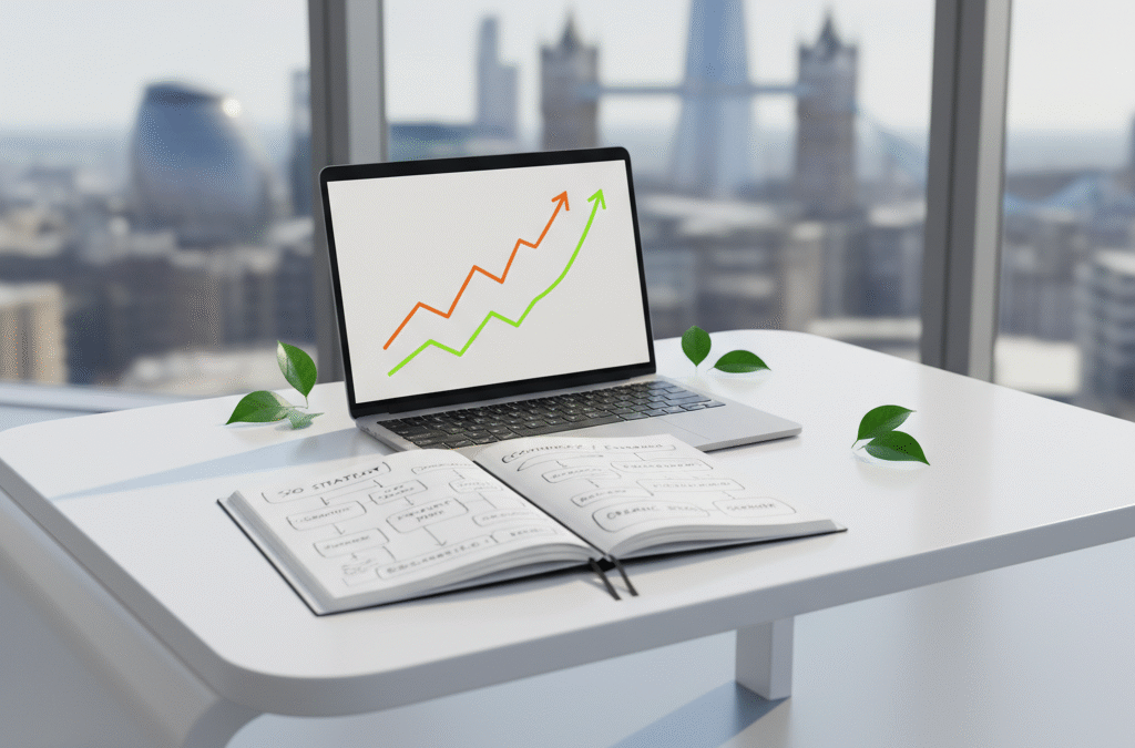 Modern London office desk with laptop, cityscape, green leaves, notebook, and growth symbols.