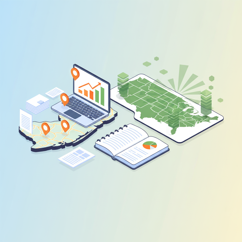 Modern workspace illustration with New Jersey map, local hubs, graphs, and national data charts.