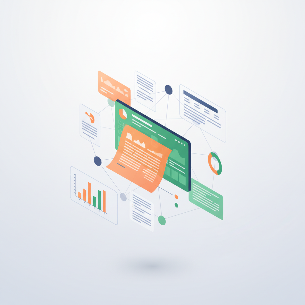 Modern workspace with a glowing AI-driven digital dashboard, data sheets, and interconnected nodes.