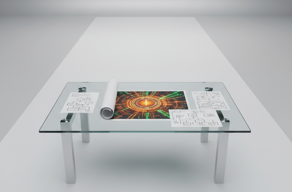 Modern workspace with blueprint, diagrams, and digital accents symbolizing SEO strategy.