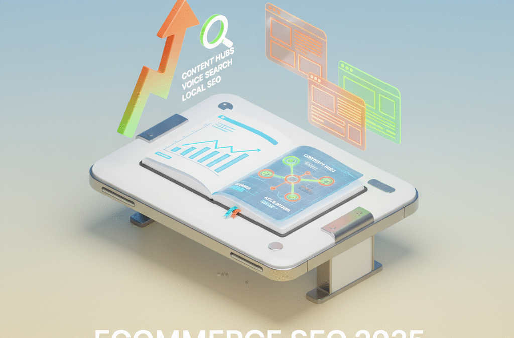 Modern workspace with blueprint notebook, digital arrows, graphs, and web wireframes on white platform.