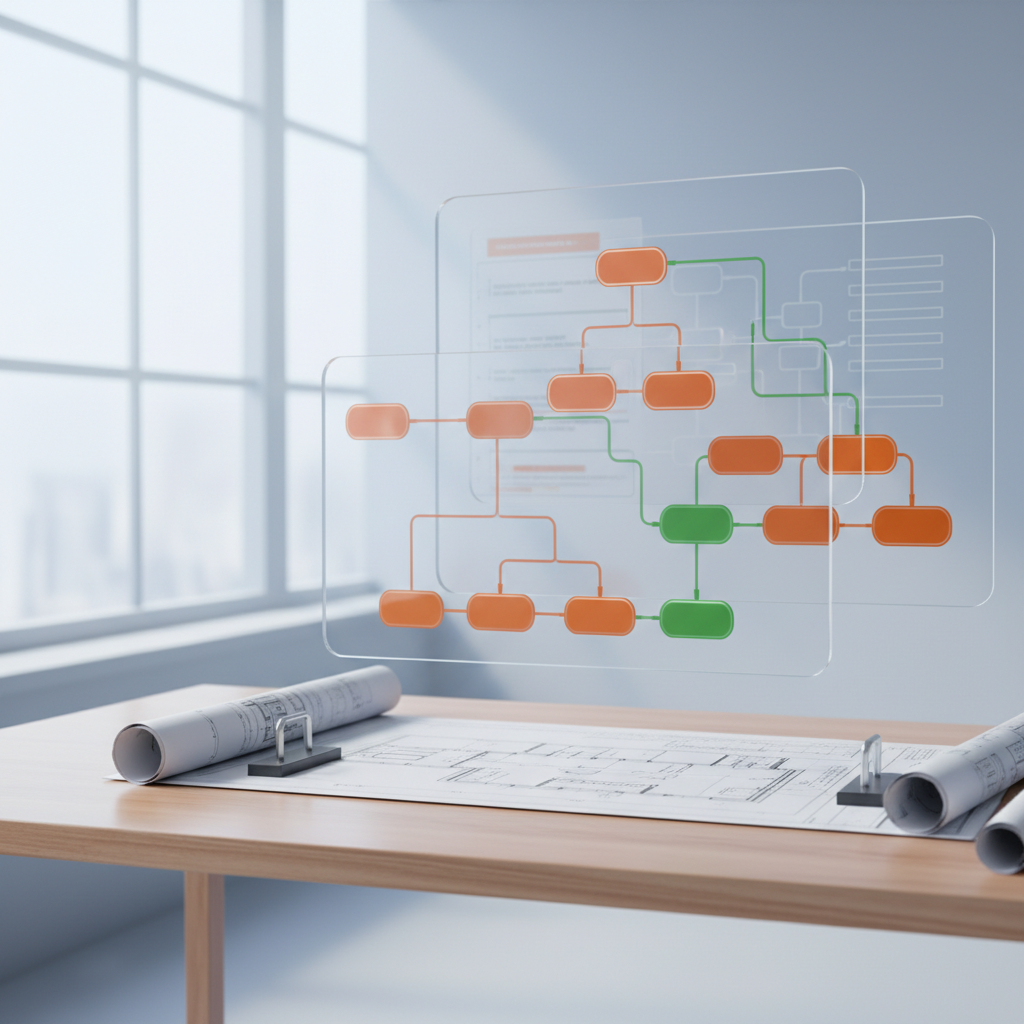 Modern workspace with blueprints and layered screens displaying colorful interconnected flowcharts.