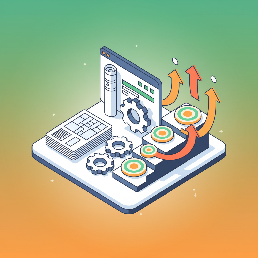 Modern workspace with blueprints, gears, milestone markers, and upward arrows symbolizing growth.