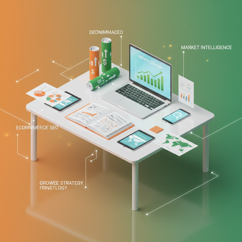 Modern workspace with charts, laptop, notebooks, and digital devices on orange-green gradient platform.