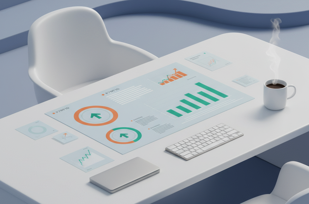 Modern workspace with digital blueprint, charts, notes, keyboard, and coffee on a bright, gradient background.