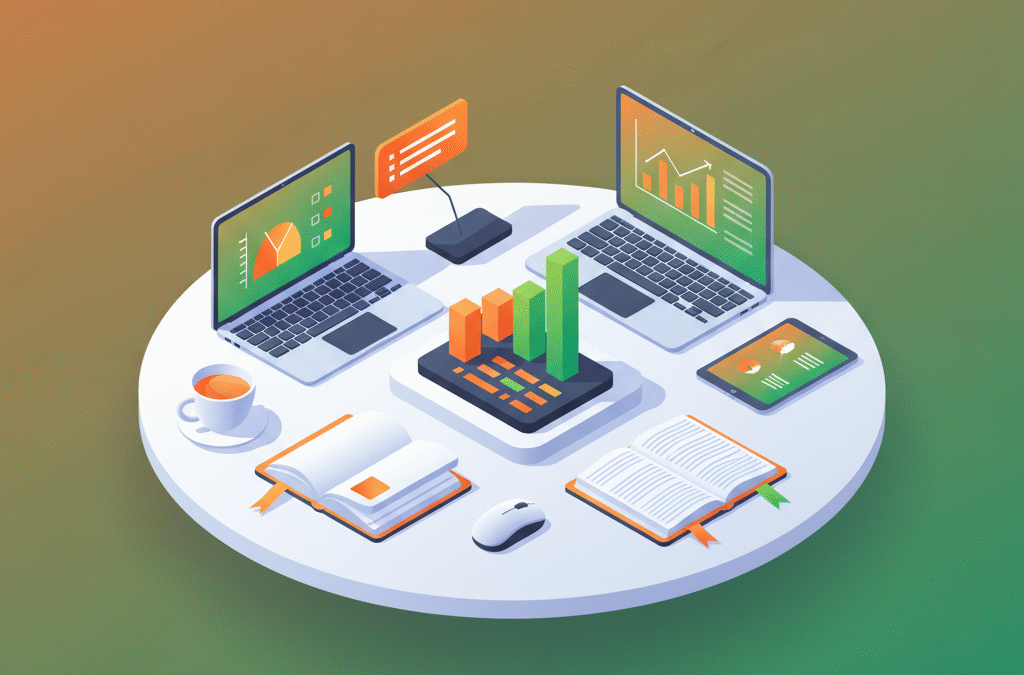 Modern workspace with digital charts, notebooks, tech gadgets, and herbal tea on colorful background.
