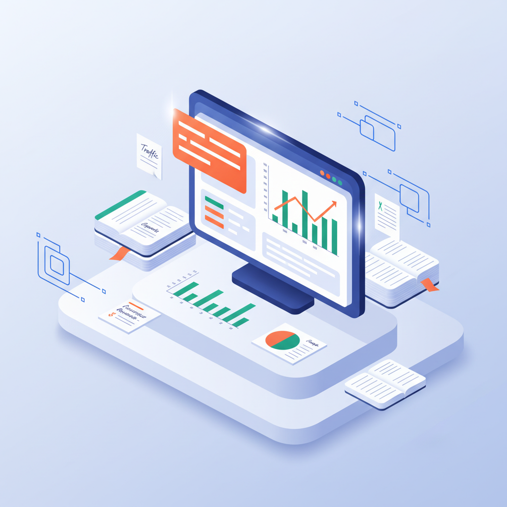 Modern workspace with digital dashboard, charts, notebooks, and wireframes in vibrant colors.