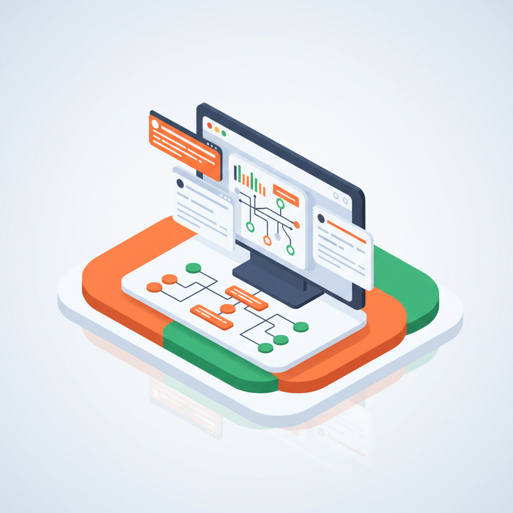 Modern workspace with digital dashboard, data flows, colorful shapes, and gradient background.