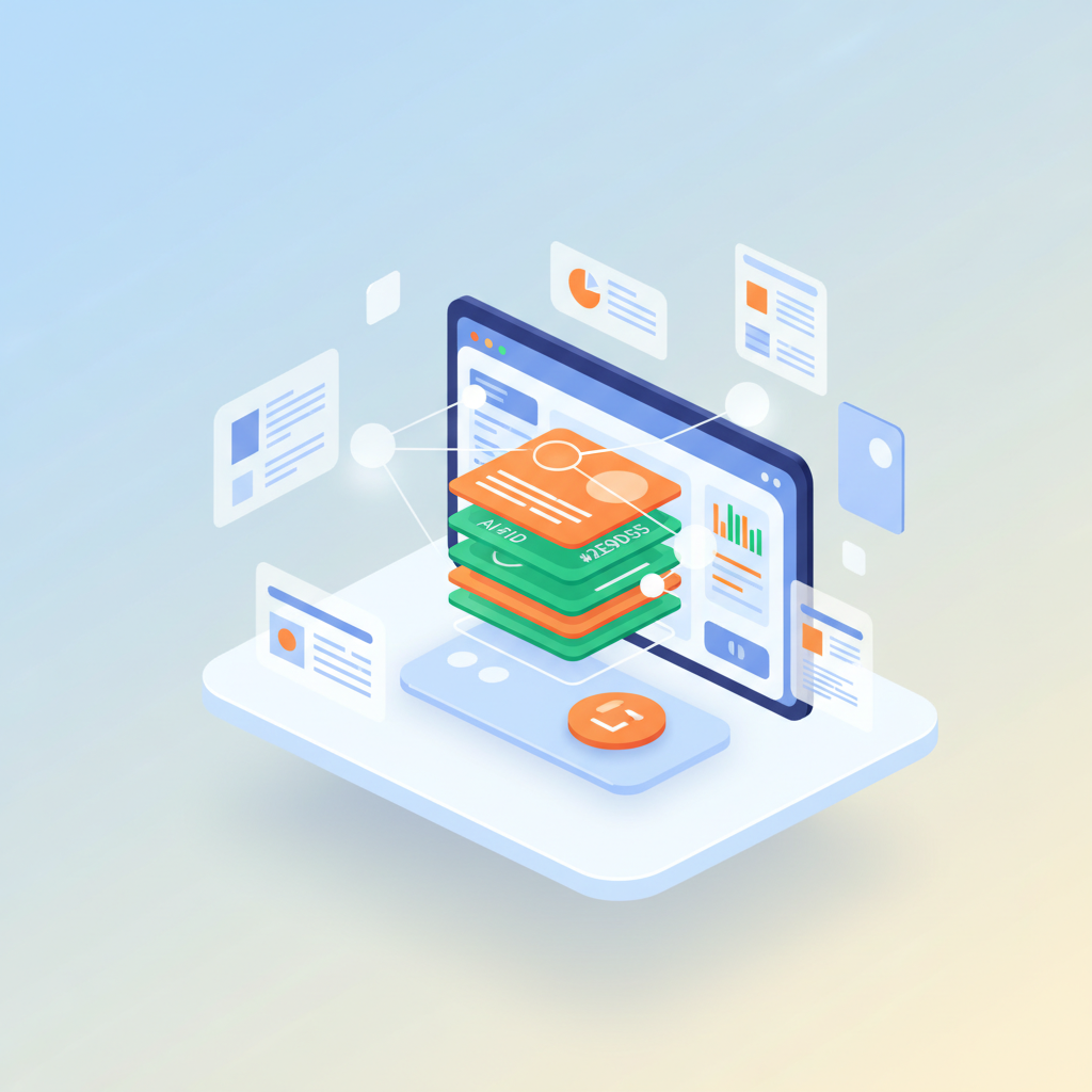 Modern workspace with digital dashboard, data streams, AI nodes, content drafts, and strategic notes.