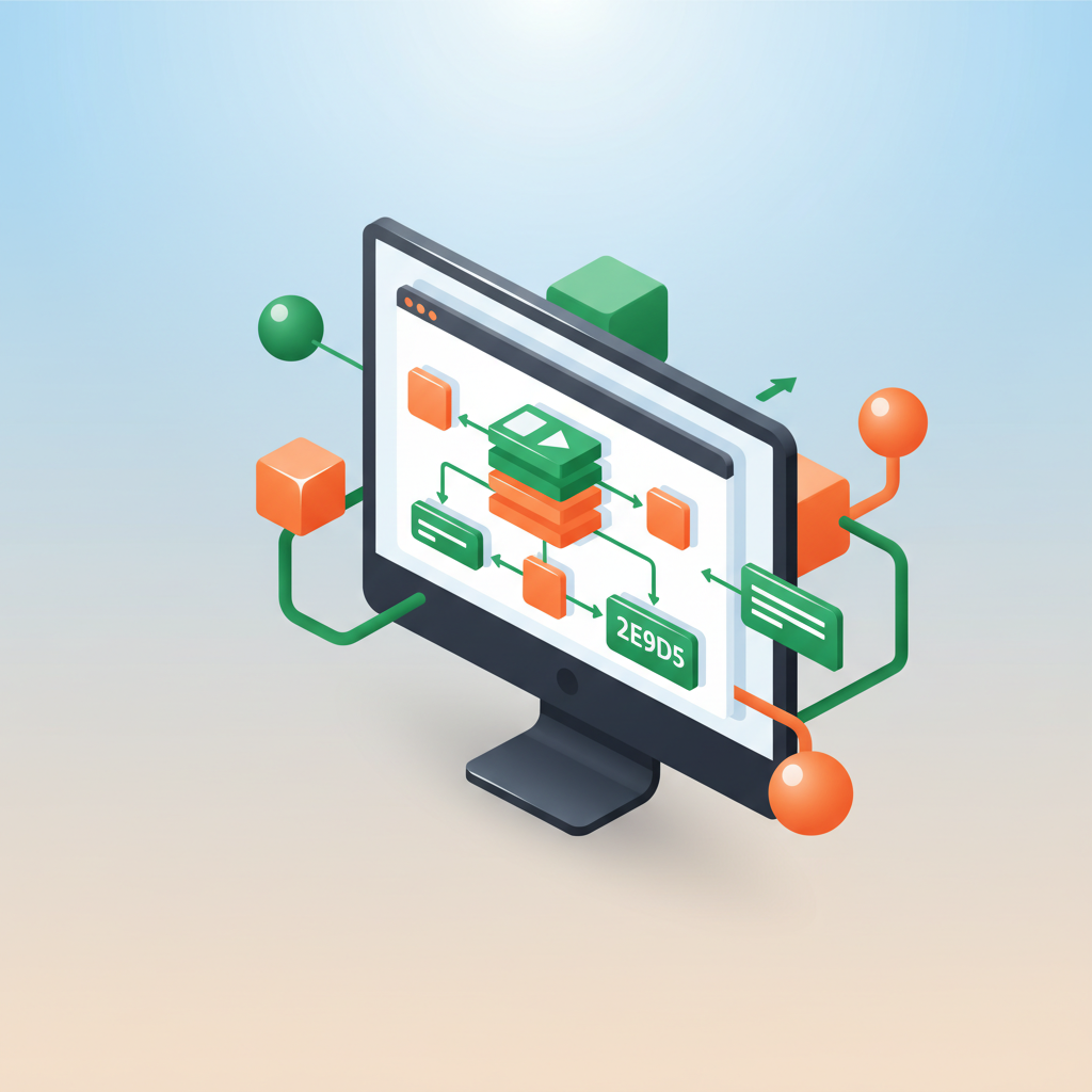 Modern workspace with digital dashboard, layered charts, flow diagrams, and interconnected geometric shapes.