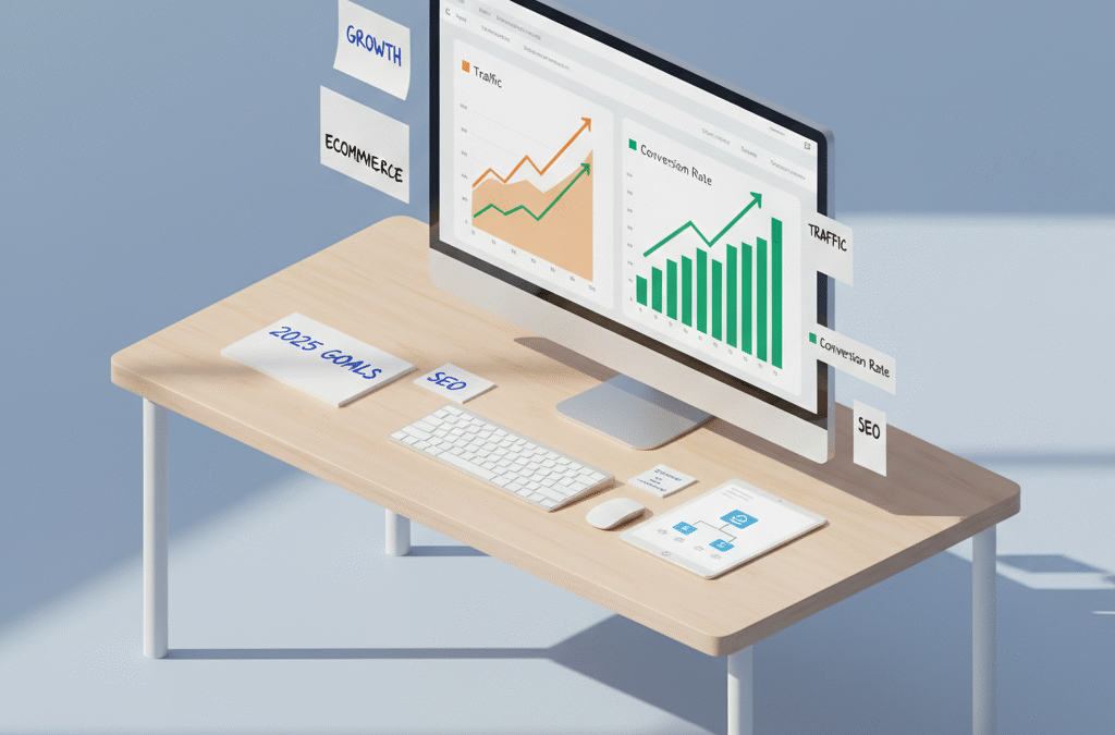 Modern workspace with digital dashboard, notes, keyboard, and tablet highlighting growth strategy.