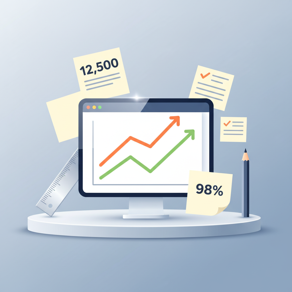 Modern workspace with digital dashboard, tools, notes, and rising graphs illustrating progress.