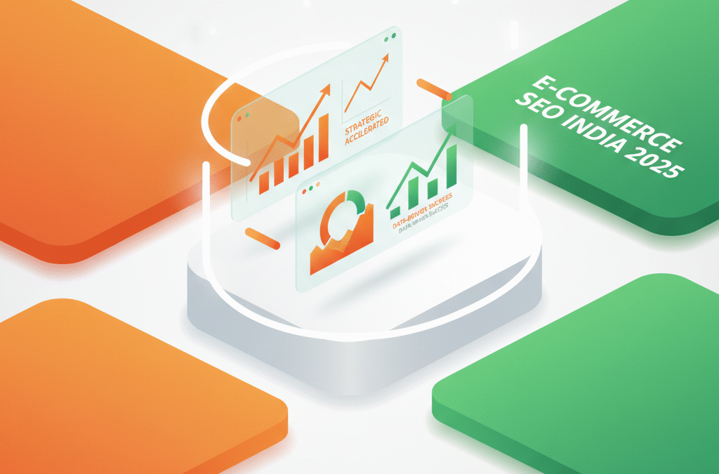 Modern workspace with floating screens displaying colorful growth charts and graphs on vibrant orange and green background.