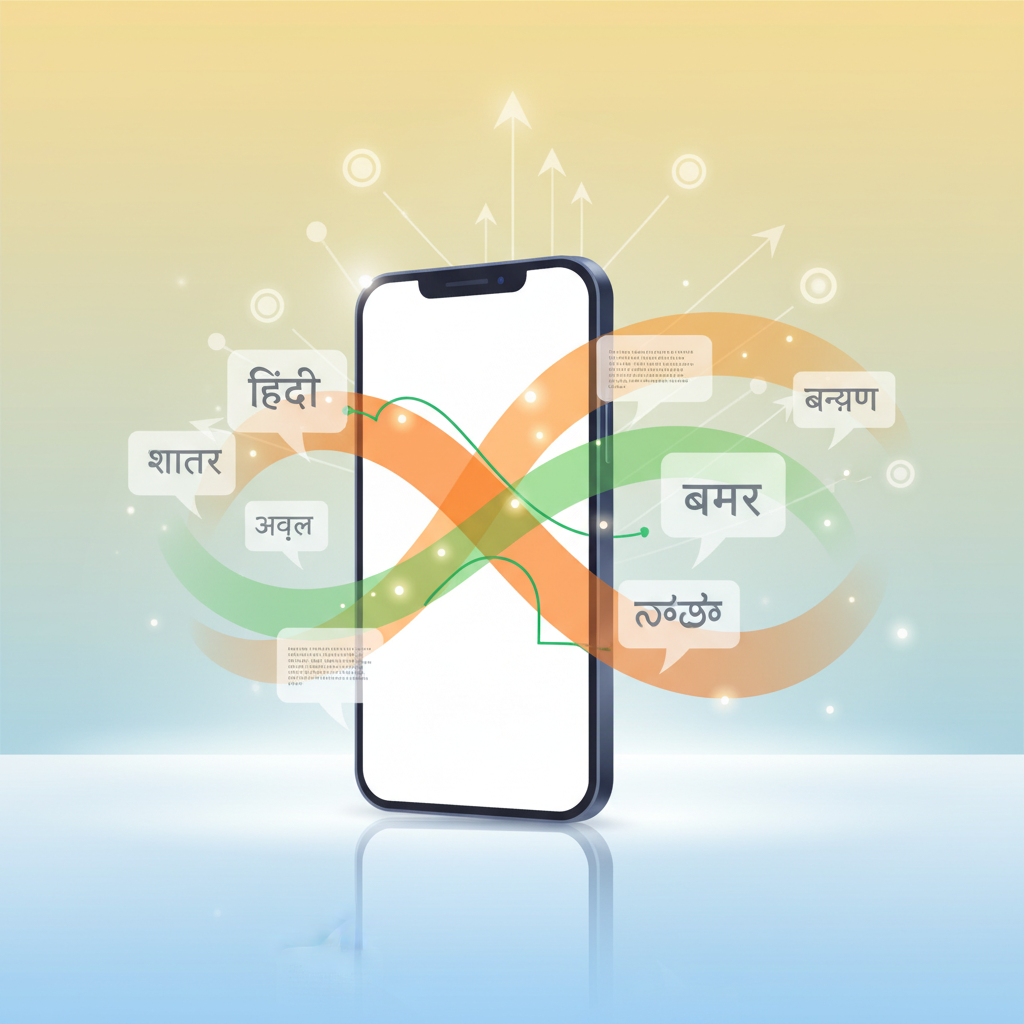 Modern workspace with glowing smartphone, multilingual speech bubbles, and growth arrows.