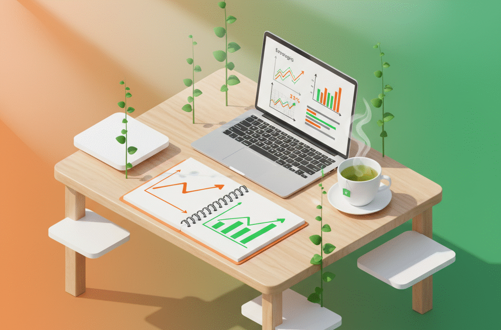 Modern workspace with growth charts, laptop, green tea, vines, and vibrant background.