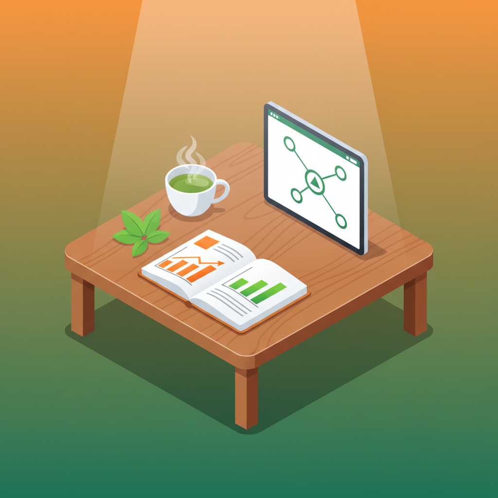 Modern workspace with growth charts, tea, leaves, and digital tablet on colorful gradient background.