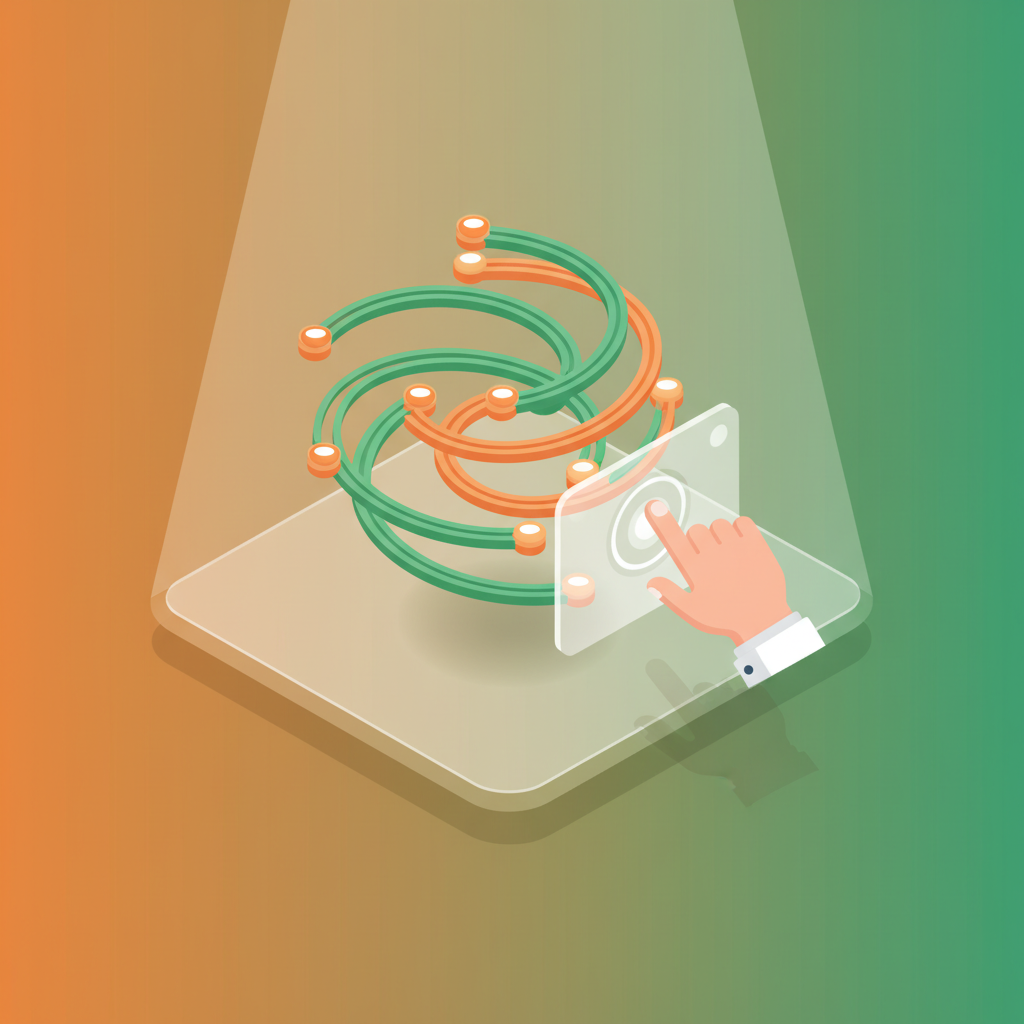 Modern workspace with interconnected digital nodes, hand guiding translucent control panel, vibrant gradient background.