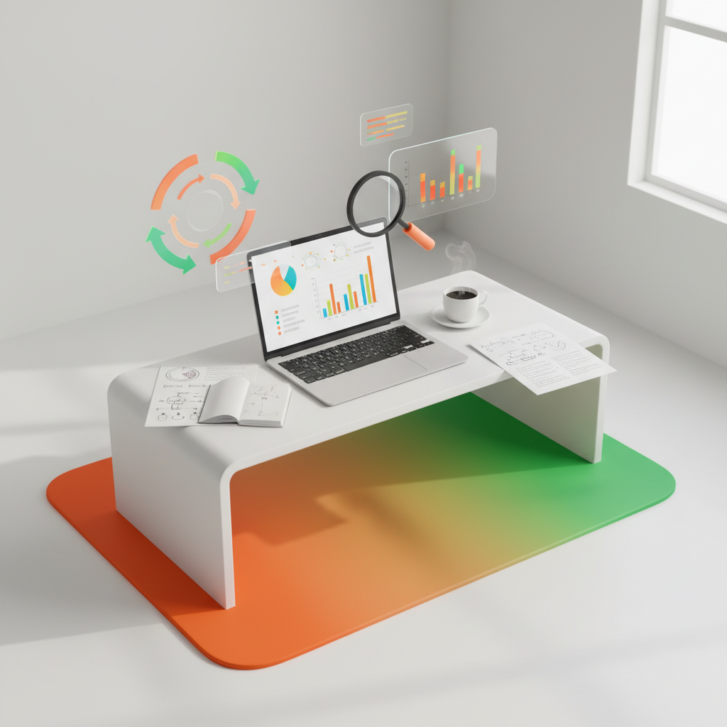 Modern workspace with laptop, charts, flowcharts, coffee, and floating digital holograms.
