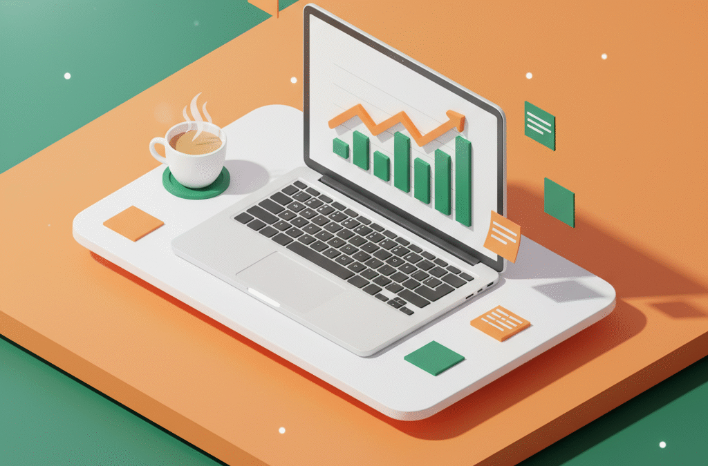 Modern workspace with laptop displaying growth charts, notes, and chai on vibrant orange-green background.