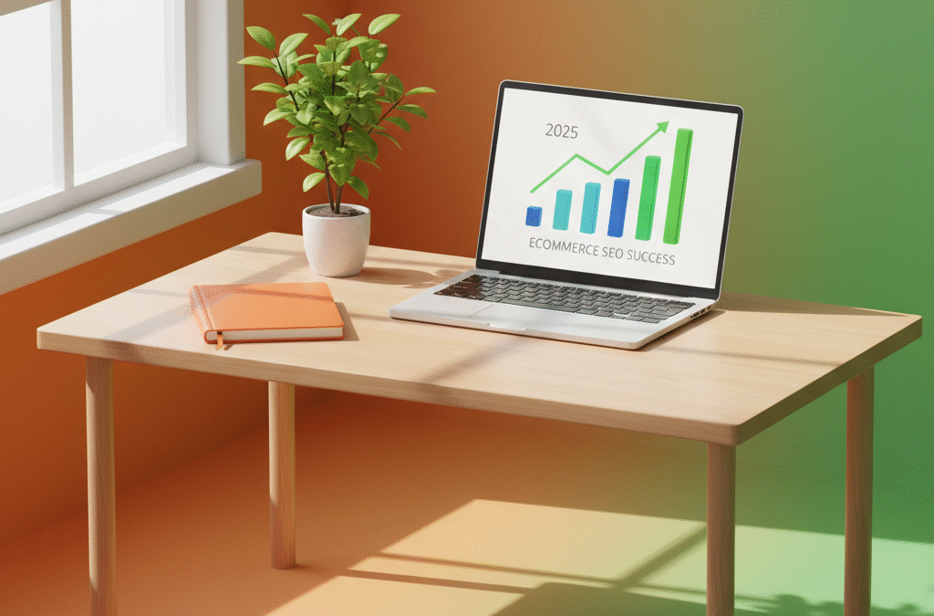 Modern workspace with laptop, orange notebook, green plant, and vibrant orange and green background.