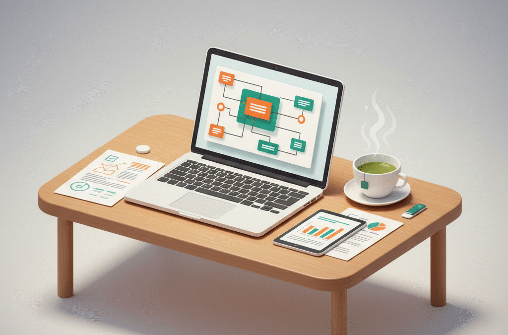 Modern workspace with laptop, papers, tablet, and green tea on wooden desk.