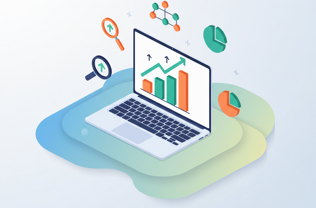 Modern workspace with laptop showing upward graphs, floating icons, and abstract growth elements.