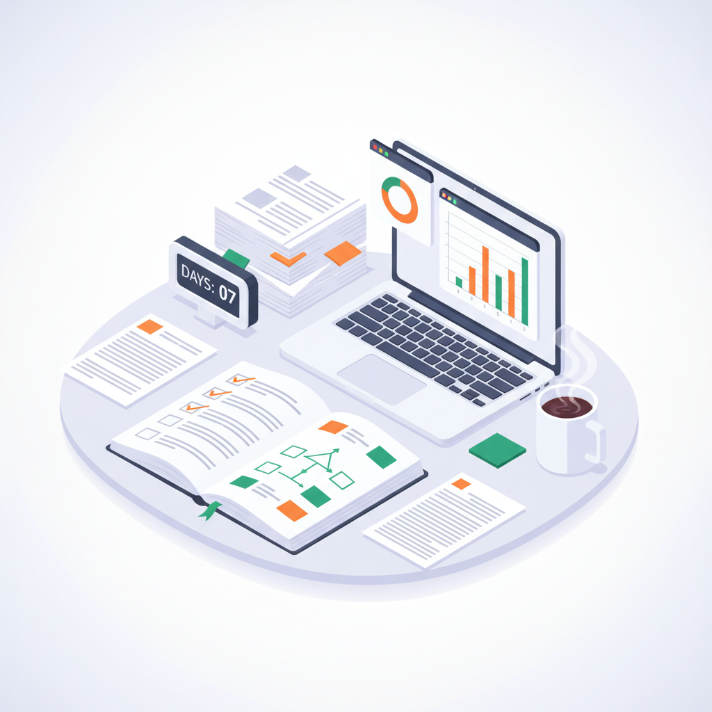 Modern workspace with notebook, laptop, audit reports, timer, and coffee on white gradient background.