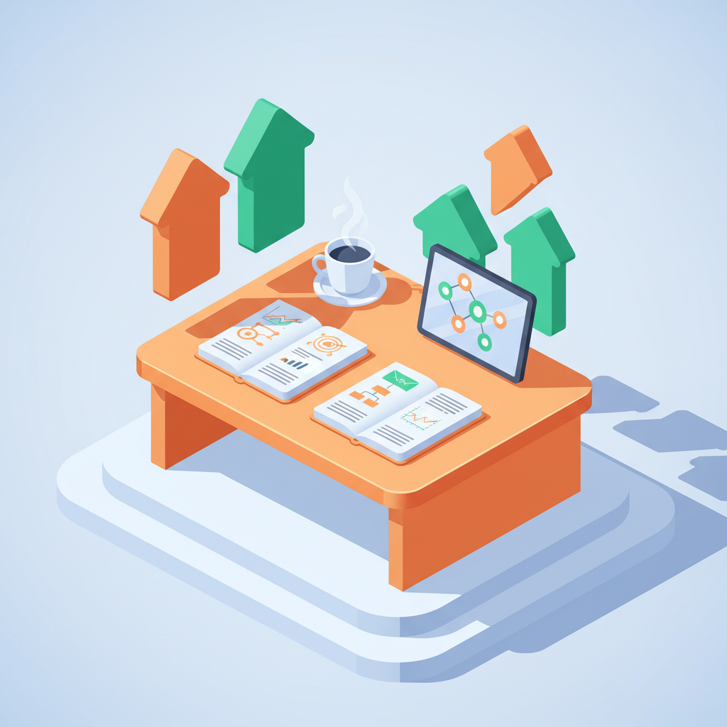 Modern workspace with notebooks, tablet, and tea in bright, colorful, isometric style.