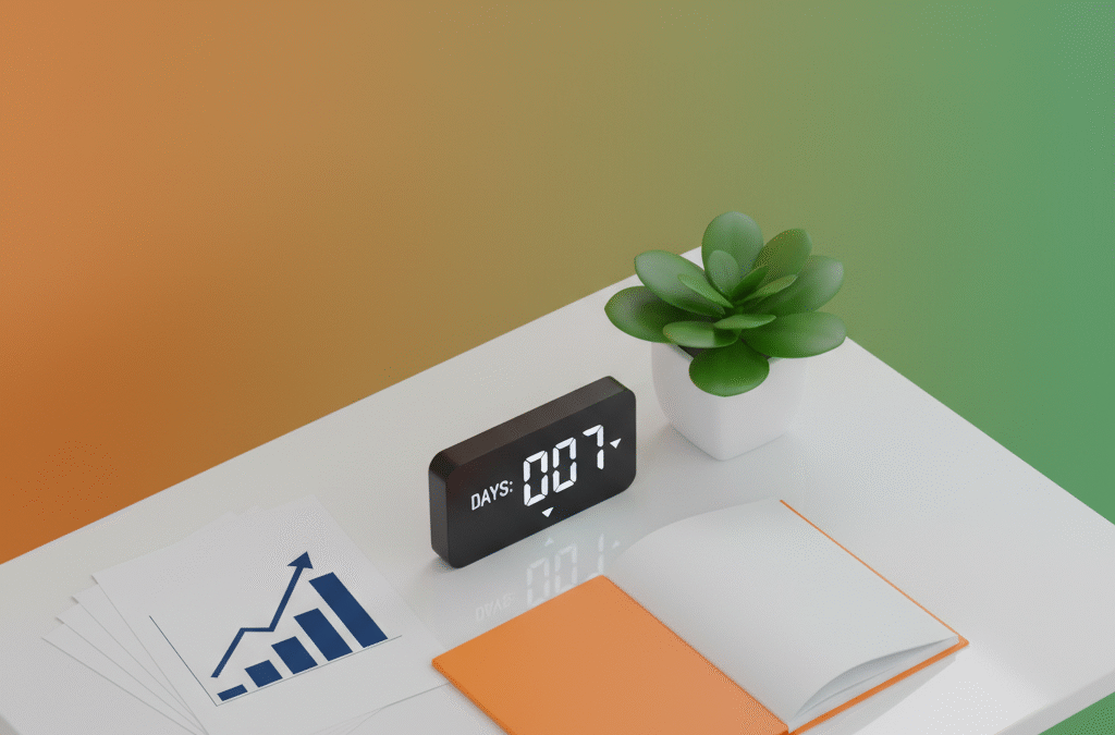 Modern workspace with orange notebook, green plant, digital timer, and upward graphs on gradient background.