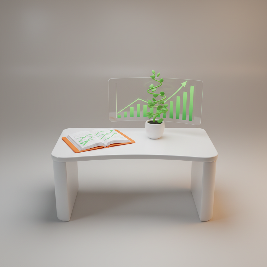 Modern workspace with orange notebook, green plant, digital graphs, and gradient background.