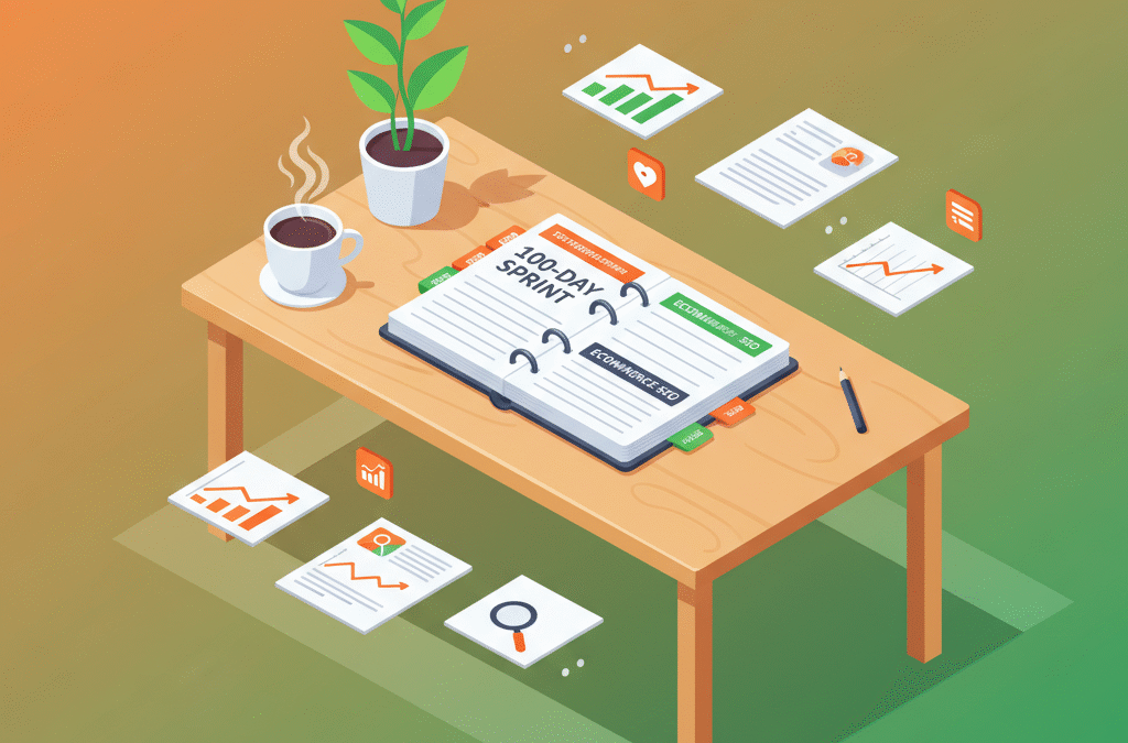 Modern workspace with planner, plant, coffee, and analytics on colorful gradient background.