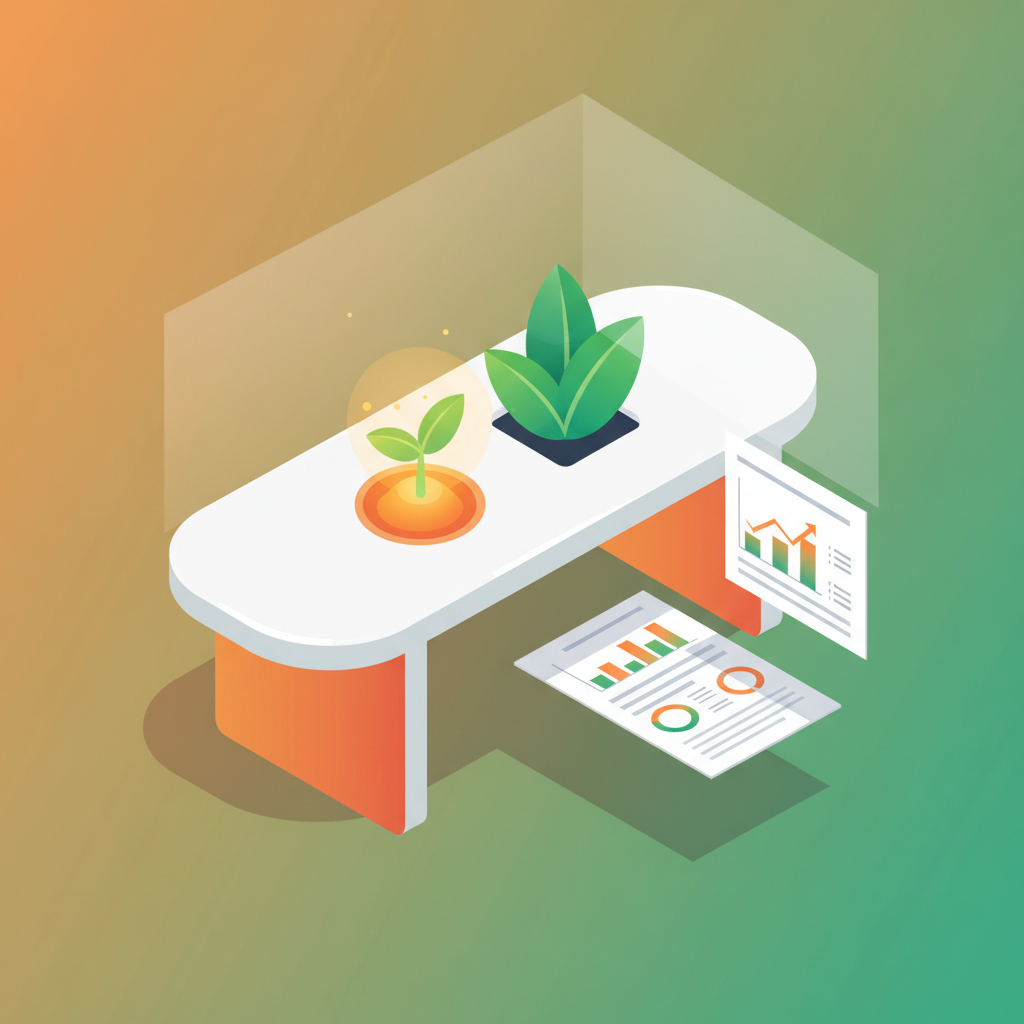 Modern workspace with seedling, leaves, charts, and vibrant orange and green background.