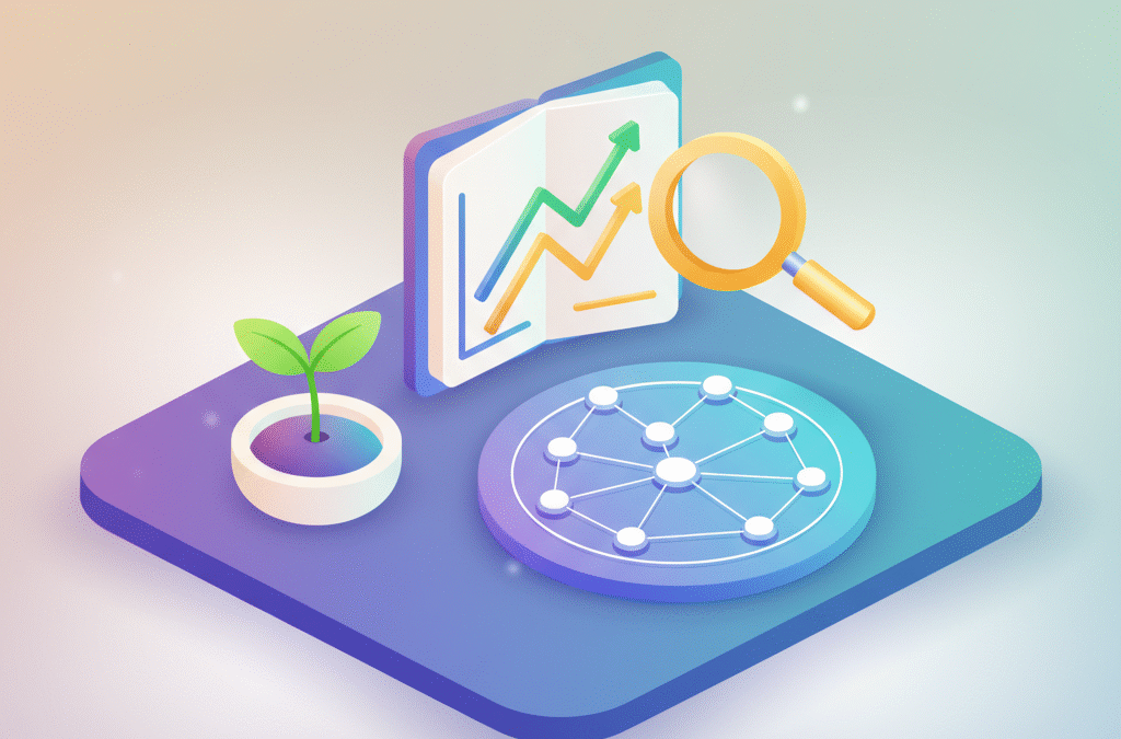 Modern workspace with seedling, notebook with graphs, and magnifying glass over network nodes.