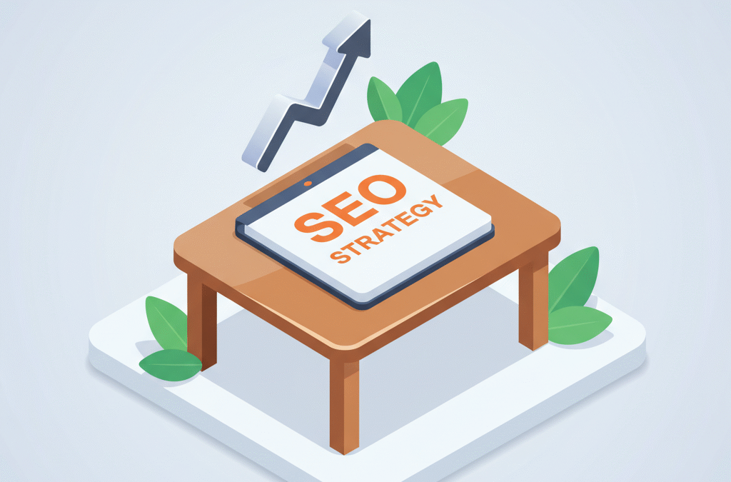 Modern workspace with SEO notes, green leaves, upward arrow, in isometric flat-vector style.