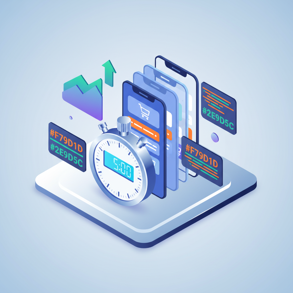 Modern workspace with stopwatch, glowing mobile screens, data charts, and code snippets in vibrant colors.