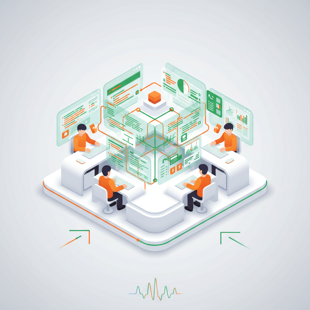 Modern workspace with team analyzing layered digital blueprints of ecommerce platforms on translucent screens.