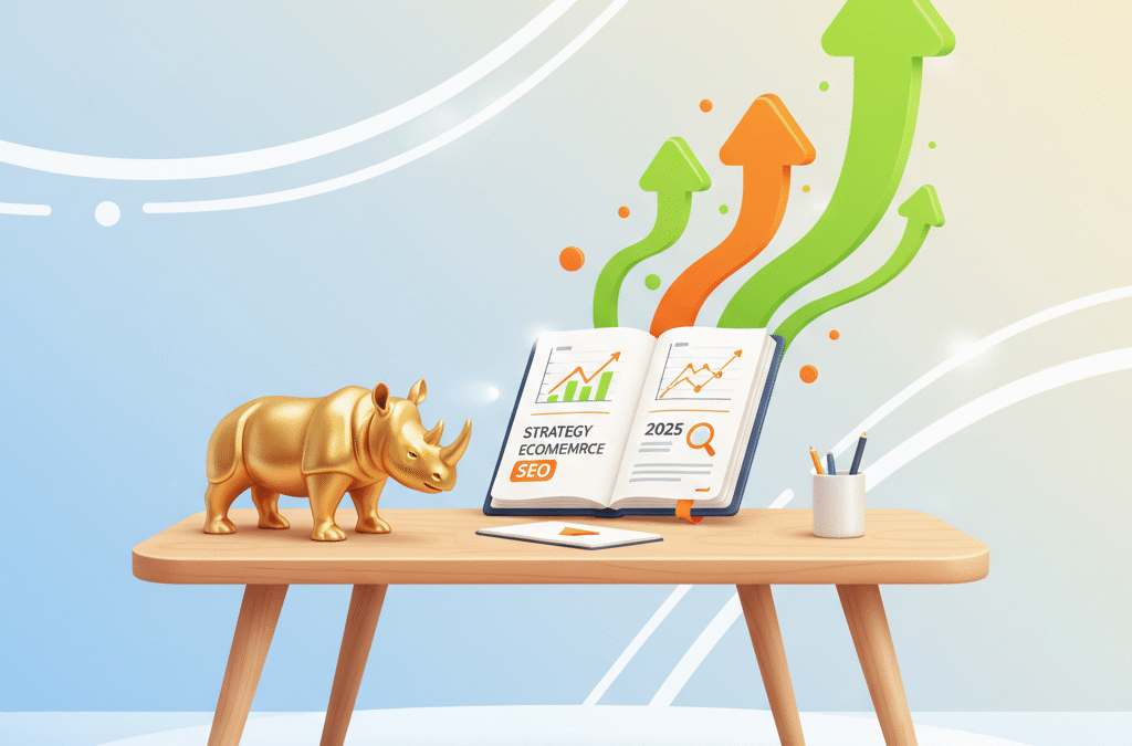 Modern workspace with vibrant digital charts, rhino figurine, and strategic notes on a minimalist desk.