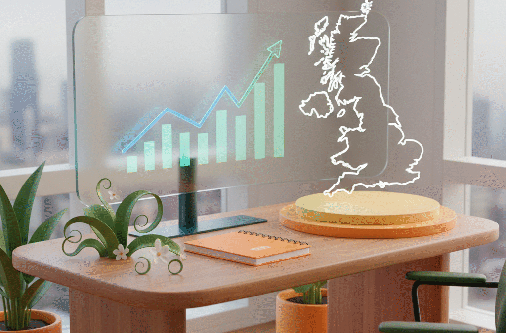 Modern workspace with wooden desk, orange notebook, green leaves, digital graph, and UK map.